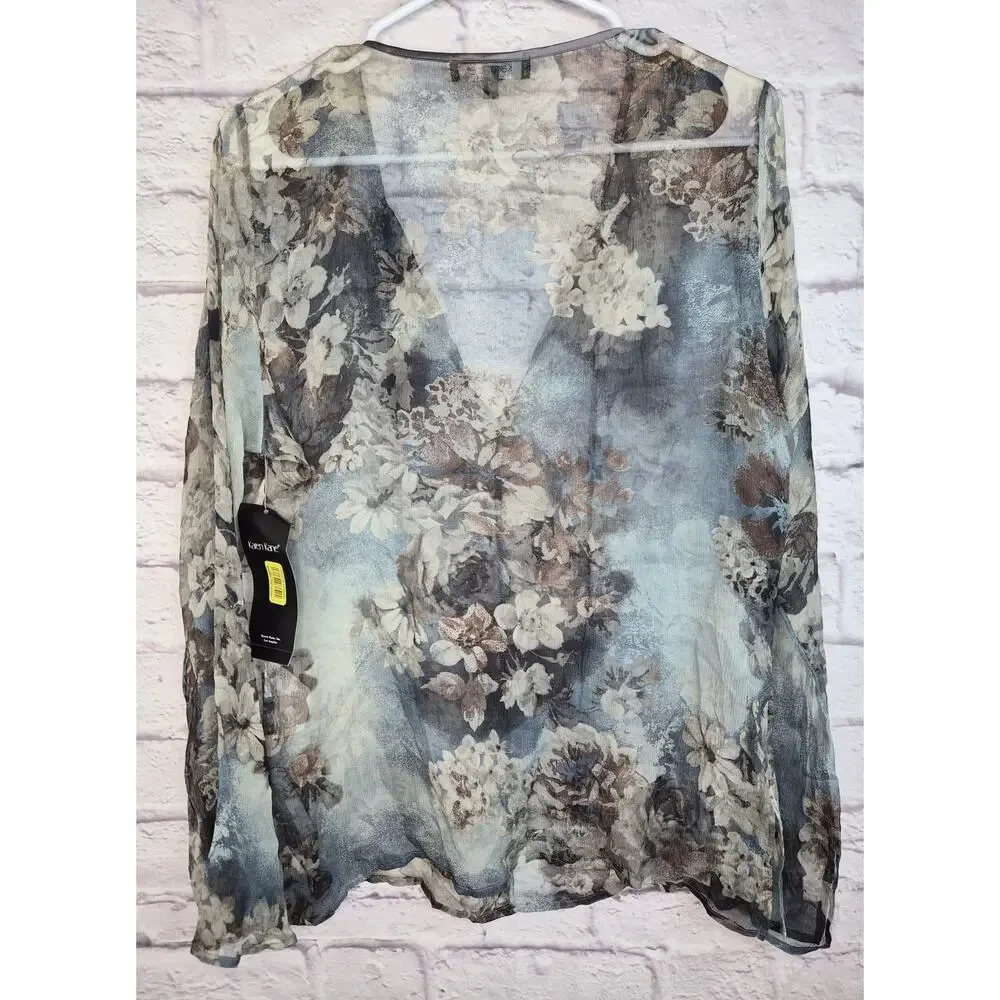 NWT Karen Kane 100% Silk Misty Tunic Blouse M Sheer Floral Grey Blue V-Neck Boho